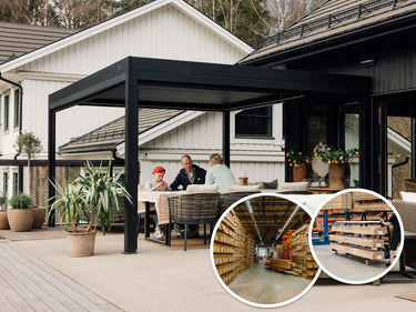 Anthrazitfarbene Pergolux Pergola an einem Haus mit Familie am Esstisch. Im Bild eingeblendet: Lagerhalle und verpackte Pergola-Teile.