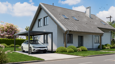 Pergolux Carport vor Einfamilienhaus – modernes Design und Wetterschutz.